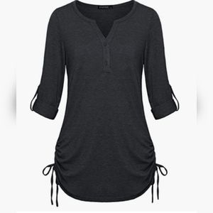 Women's top 3/4 sleeve, can unbutton for long sleeve, ruched sides. Dark gray LG